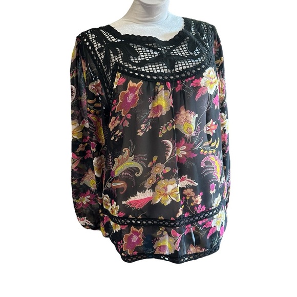 Meadow Rue Pink and Yellow Boxy Blouse with Bib Collar - Picture 1 of 5